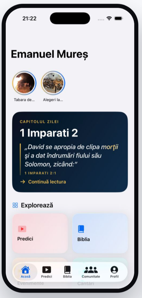 Ecranul principal al aplicației Emanuel pe iPhone: capitolul zilei, poveștile și scurtăturile Explorează.